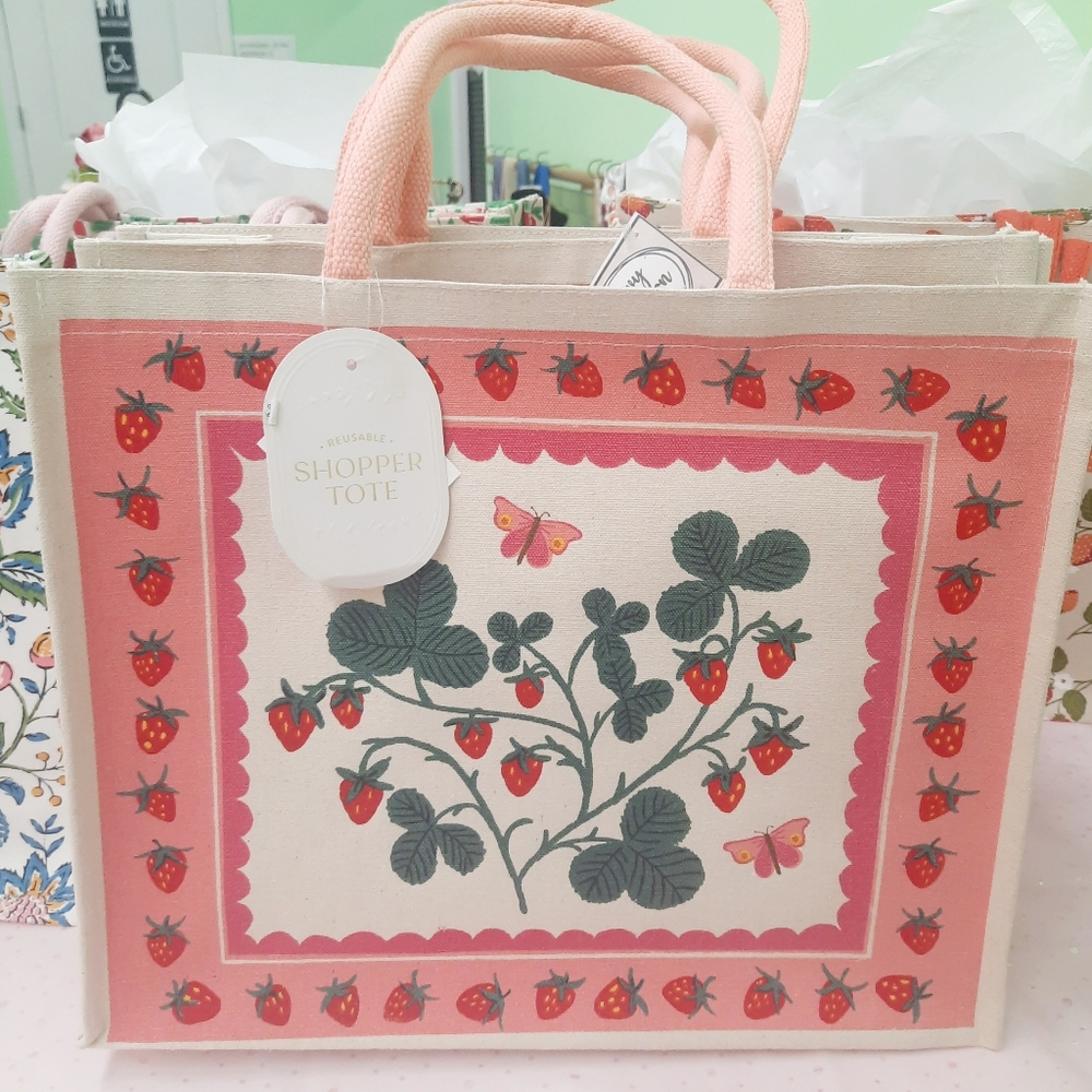 Nrw Pink, Cream & Red Strawberry Print Canvas Tote Bag- Stylish Summer Tote